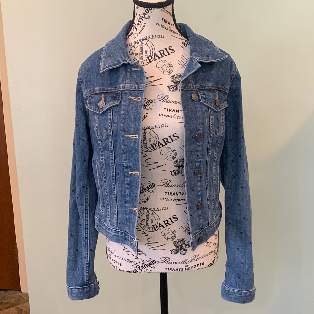 LOFT Women’s XS Extra Small Classic Stretch Blue Denim Jean Jacket w/ Polka Dots